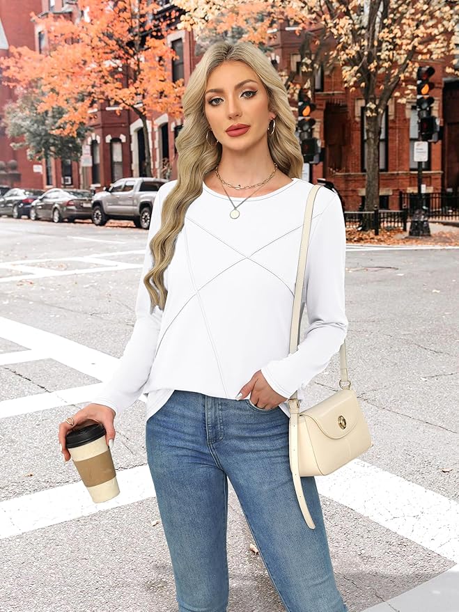XIEERDUO Long Sleeve Shirts for Women Business Casual Tops Trendy Crewneck Fall T Shirts Pleated Loose Fit