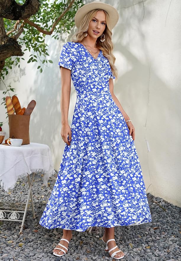 AUSELILY Maxi Dresses for Women Ankle Length Floral Print Beach Long Flowy Dress with Pockets