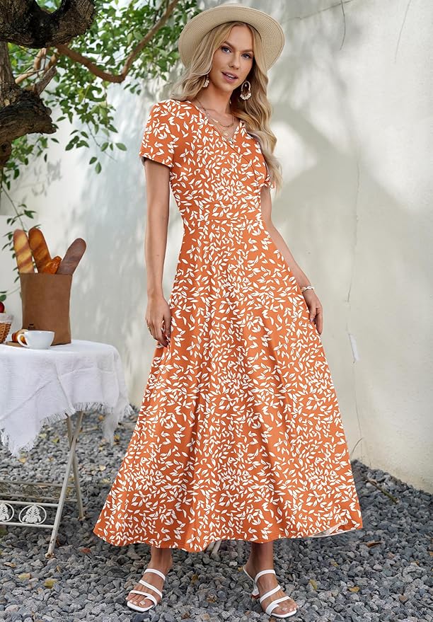 AUSELILY Maxi Dresses for Women Ankle Length Floral Print Beach Long Flowy Dress with Pockets