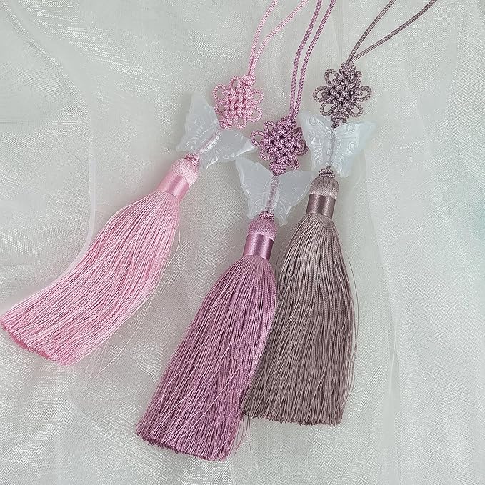 Seoulful Vintage Jade Butterfly Norigae - Korean Traditional Tassel Charm with Elegant Knot - Hanbok Accessory New Year's Gifts (Grey)