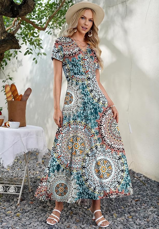 AUSELILY Maxi Dresses for Women Ankle Length Floral Print Beach Long Flowy Dress with Pockets