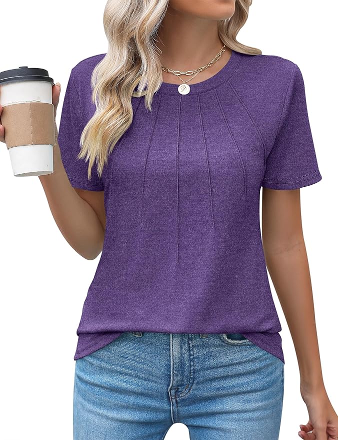 Kistore Womens Casual Crew Neck Short Sleeve Pleated Tops Blouses Fashion Clothes 2026