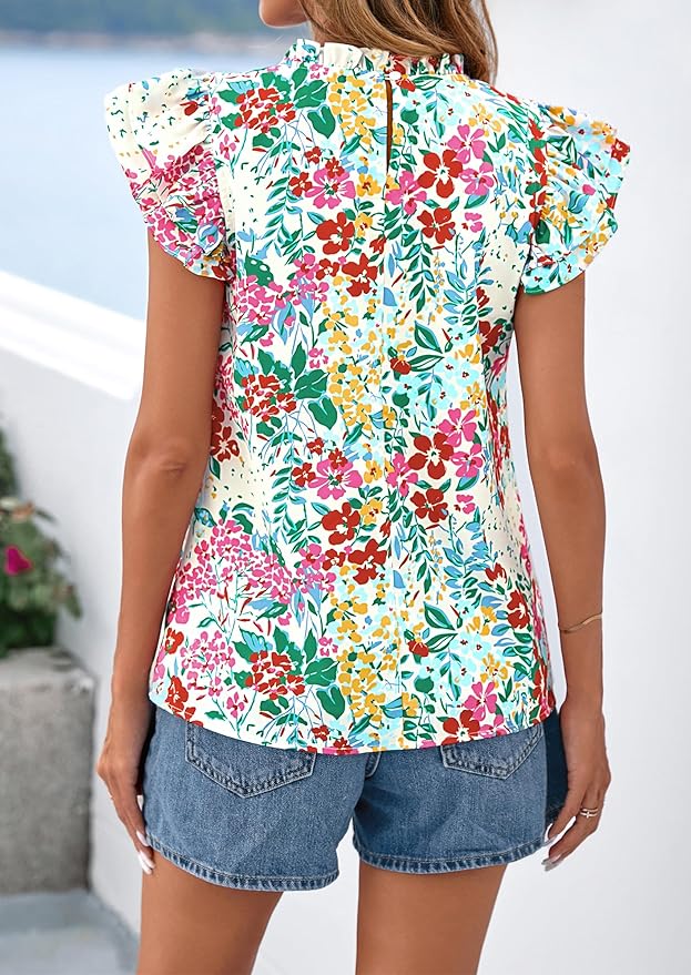 PRETTYGARDEN Women's Ruffle Short Sleeve Summer Tops 2026 Trendy Floral Trim Neck Casual Dressy Chiffon Boho Blouses Shirts