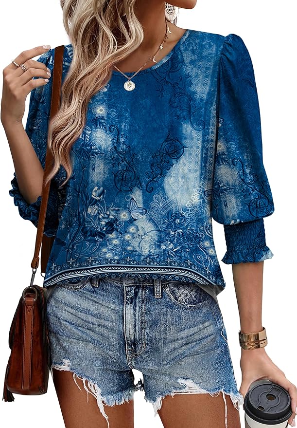 XIEERDUO Blouses for Women Dressy Casual 3/4 Length Sleeve Womens Tops with Smocked Cuffs