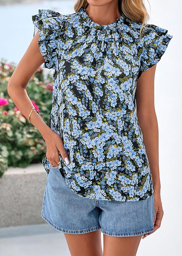 PRETTYGARDEN Women's Ruffle Short Sleeve Summer Tops 2026 Trendy Floral Trim Neck Casual Dressy Chiffon Boho Blouses Shirts