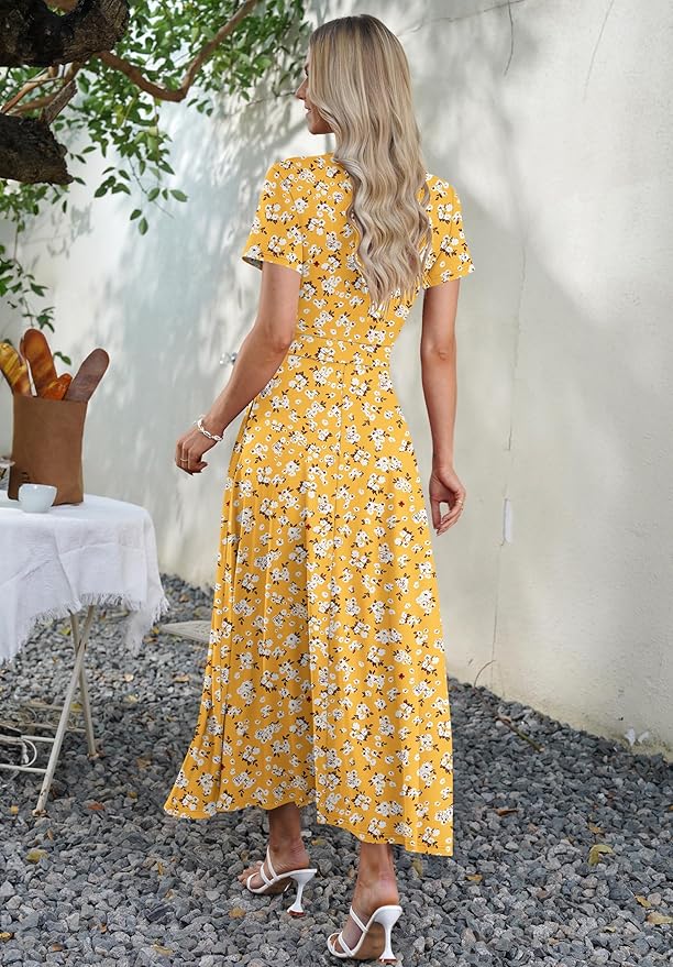 AUSELILY Maxi Dresses for Women Ankle Length Floral Print Beach Long Flowy Dress with Pockets