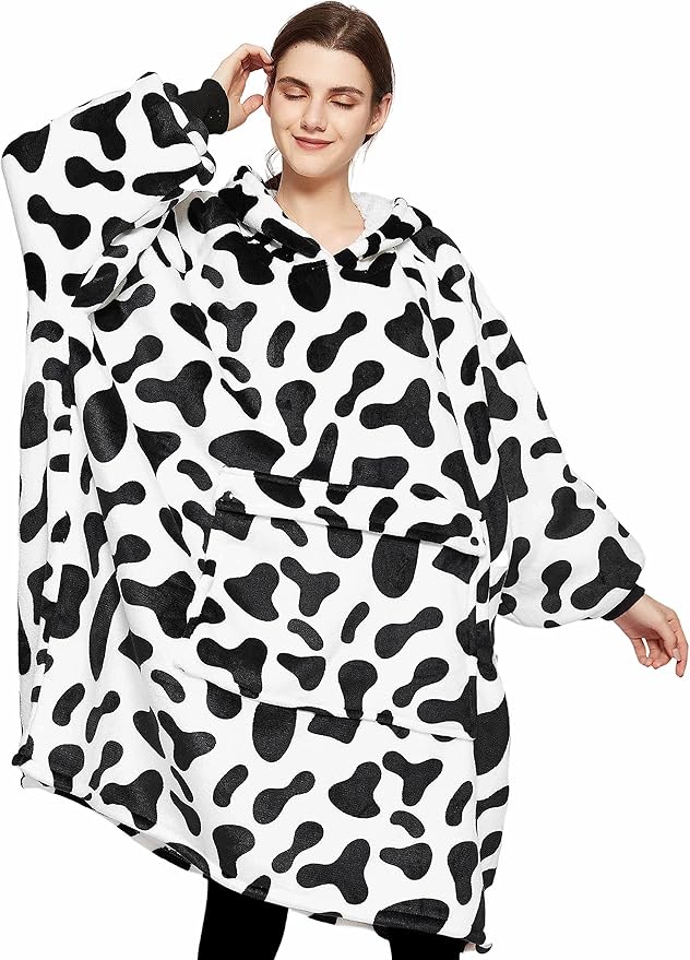KFUBUO Wearable Blanket Hoodie for Adults Sherpa All Patterns Oversized Sweatshirt Blanket with Pockets Printing-dairycow