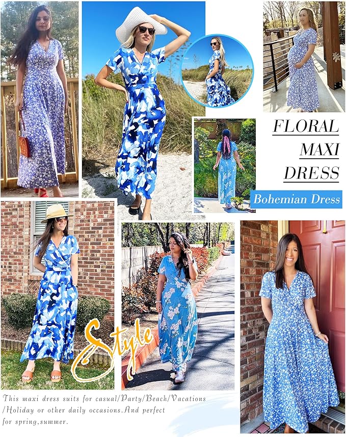 AUSELILY Maxi Dresses for Women Ankle Length Floral Print Beach Long Flowy Dress with Pockets