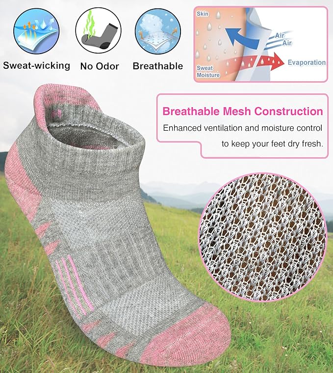 Heyoboy Womens Ankle Anti-blister Thick Cushioned Wicking Odor Resist Athletic Running Socks 5 Pairs