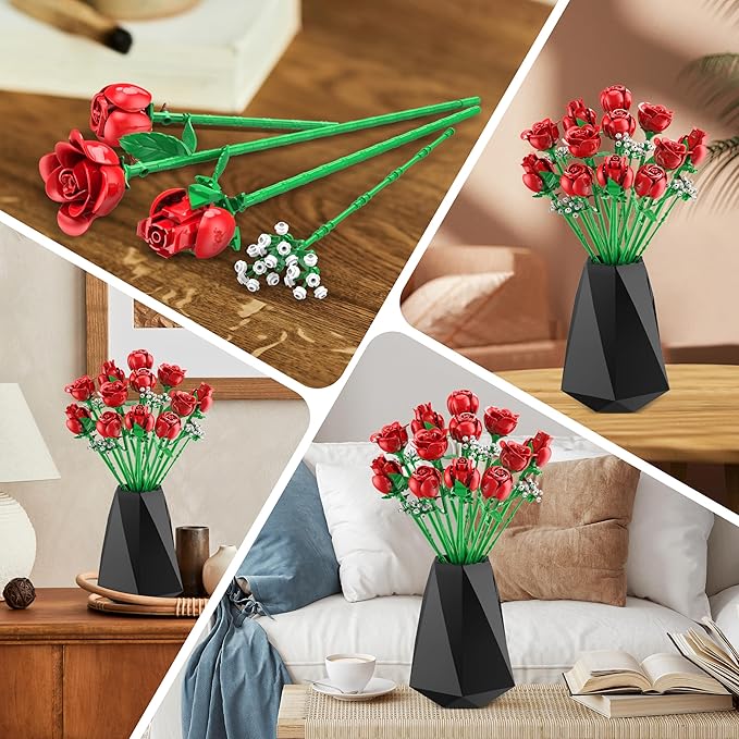 Sopu Red Rose Bouquet Building Set, 960PCS Roses Artificial Flowers Botanical Collection for Dinner Table Home Decor, Valentines Day Gifts for Her Him Valentines Flower Decorations