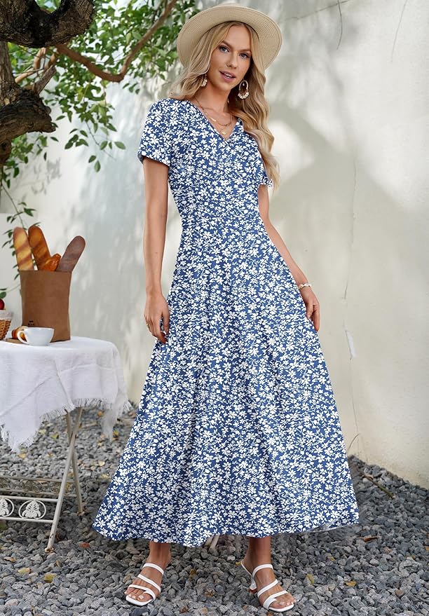 AUSELILY Maxi Dresses for Women Ankle Length Floral Print Beach Long Flowy Dress with Pockets
