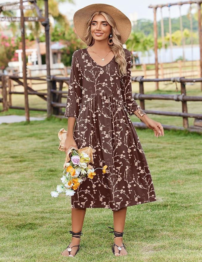 ZEAGOO 3/4 Sleeve Women's Dress Casual Flowy A-Line Midi Tshirt Dresses with Pocket Empire Waist Summer Boho Beach Sundress