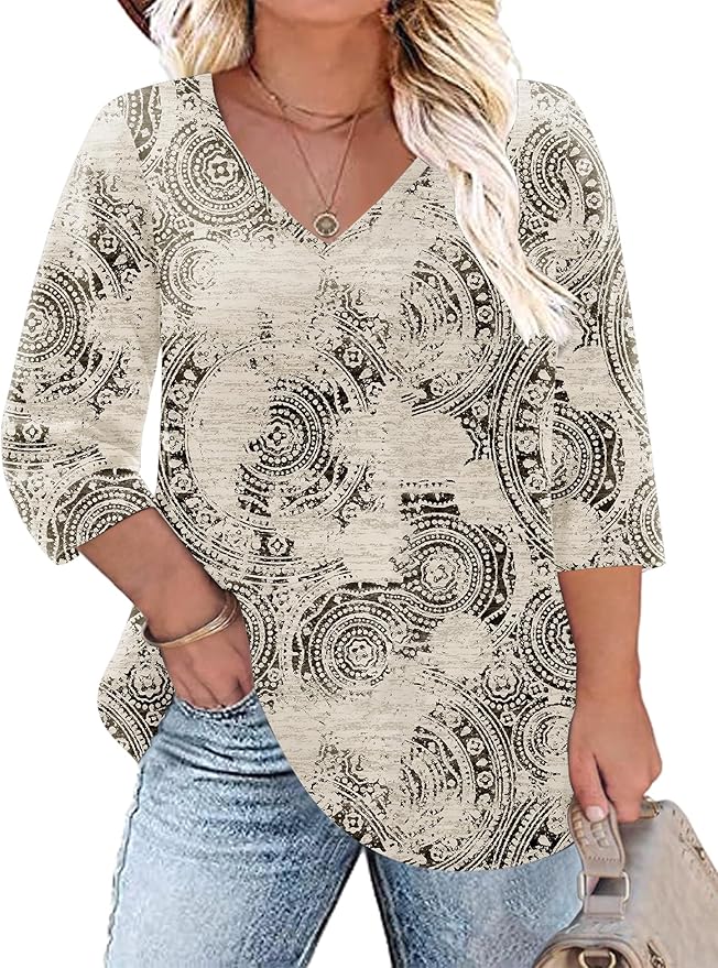 TFSDOD Womens Plus Size Tops V Neck T Shirts 3/4 Sleeve Blouse Summer Casual Tees XL-5X
