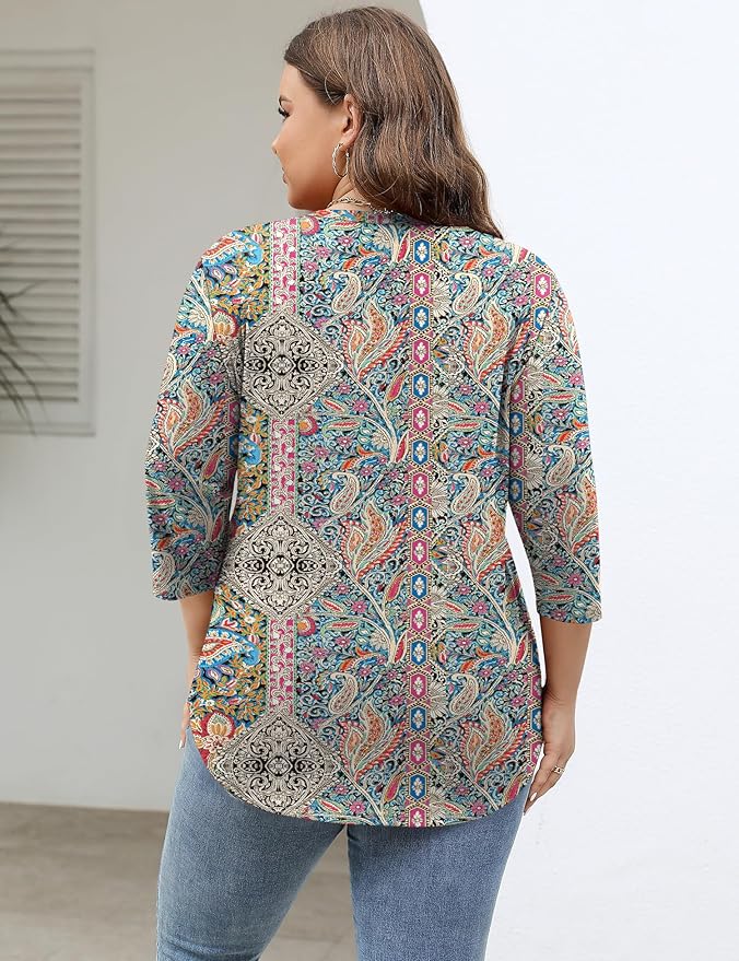 TFSDOD Womens Plus Size Tops V Neck T Shirts 3/4 Sleeve Blouse Summer Casual Tees XL-5X