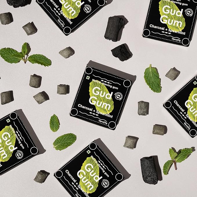 GUDGUM Natural & Sugar-Free Chewing Gum – Plastic-Free, Biodegradable, Vegan (Pack of 4, Charcoal Spearmint)