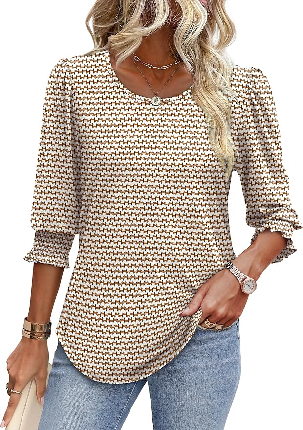 XIEERDUO Blouses for Women Dressy Casual 3/4 Length Sleeve Womens Tops with Smocked Cuffs