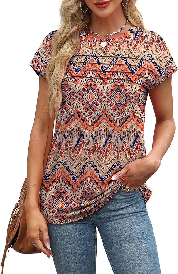 WEESO Womens Summer Tops Trendy 2026 Cap Sleeve T Shirts Crew Neck Pleated Front Beach Vacation Clothes Fashion