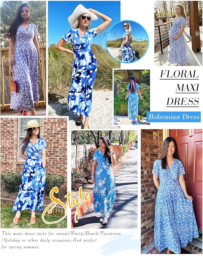 AUSELILY Maxi Dresses for Women Ankle Length Floral Print Beach Long Flowy Dress with Pockets