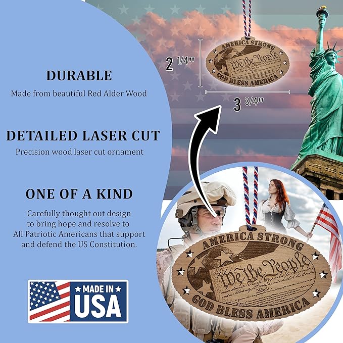 Jolette Designs US Constitutional Ornament - We The People Patriotic Accessory - American Christmas Ornaments - Wooden Circle Ornaments for Home, Car - Unique Decorations with Natural Wood Finish