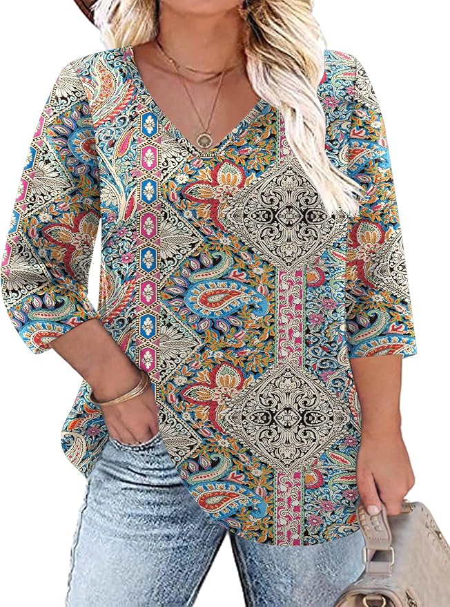 TFSDOD Womens Plus Size Tops V Neck T Shirts 3/4 Sleeve Blouse Summer Casual Tees XL-5X