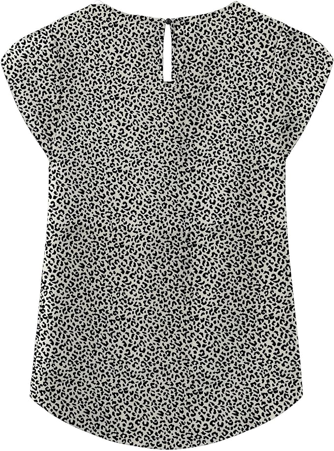 TASAMO Women's Casual Round Neck Basic Pleated Top Cap Sleeve Curved Keyhole Back Chiffon Blouse