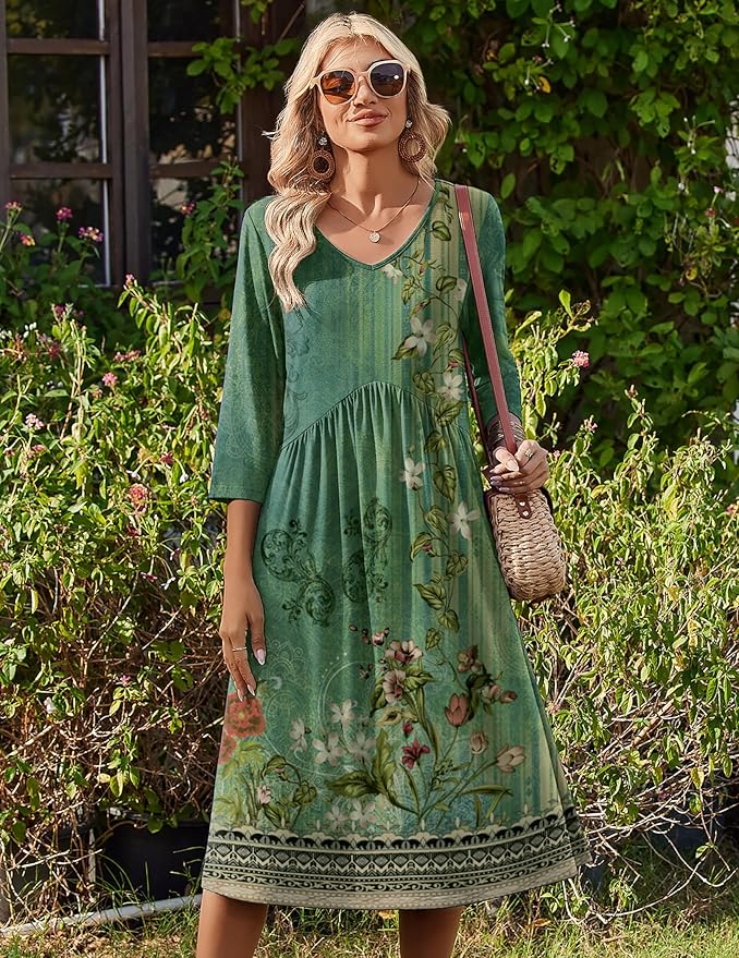 ZEAGOO 3/4 Sleeve Women's Dress Casual Flowy A-Line Midi Tshirt Dresses with Pocket Empire Waist Summer Boho Beach Sundress