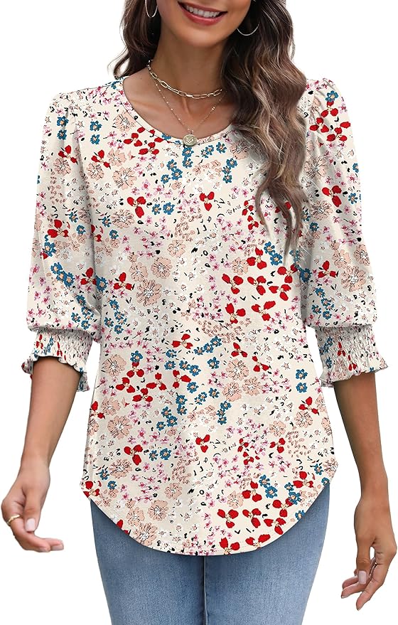 XIEERDUO Blouses for Women Dressy Casual 3/4 Length Sleeve Womens Tops with Smocked Cuffs