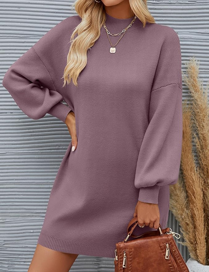 ZESICA Women's 2026 Fall Turtleneck Sweater Dress Oversized Long Lantern Sleeve Casual Knit Pullover Mini Dresses