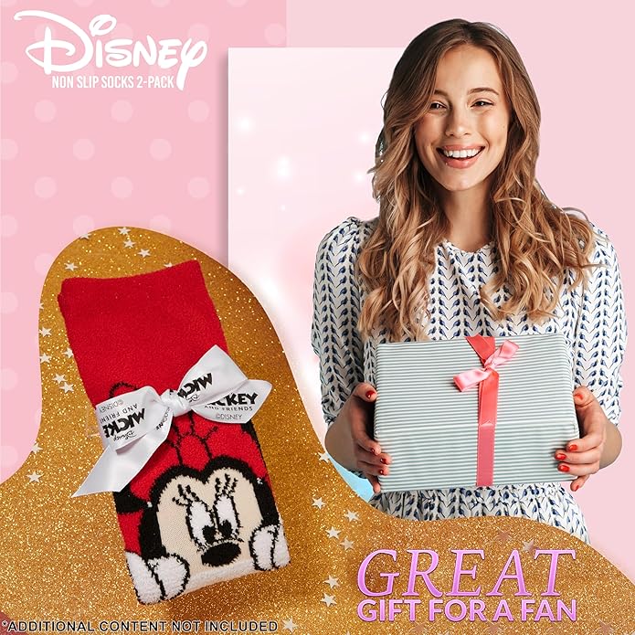 Disney Slippers Socks for Women & Teens US Size 4-9, Pack of 2 Non Slip Fleece Winter Socks, Soft & Fluffy, Gifts for Her