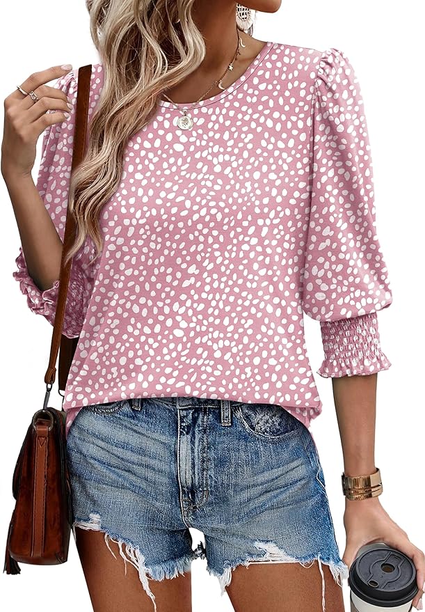 XIEERDUO Blouses for Women Dressy Casual 3/4 Length Sleeve Womens Tops with Smocked Cuffs