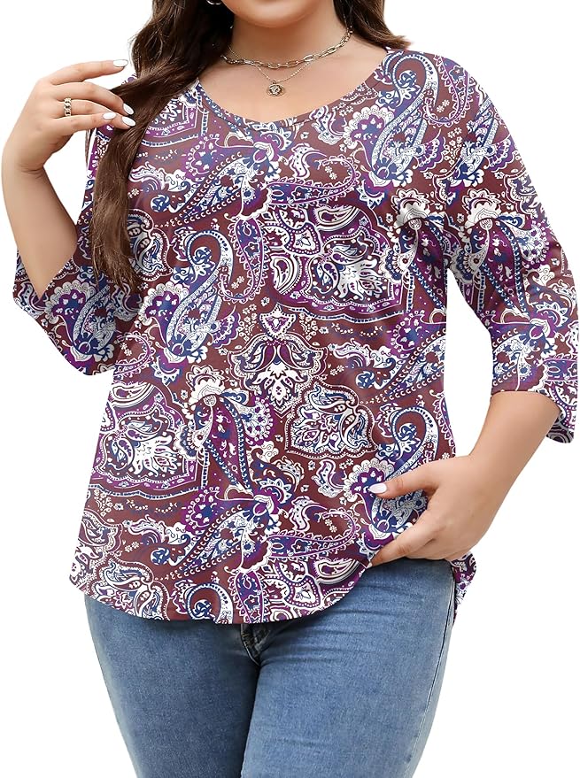 TFSDOD Womens Plus Size Tops V Neck T Shirts 3/4 Sleeve Blouse Summer Casual Tees XL-5X