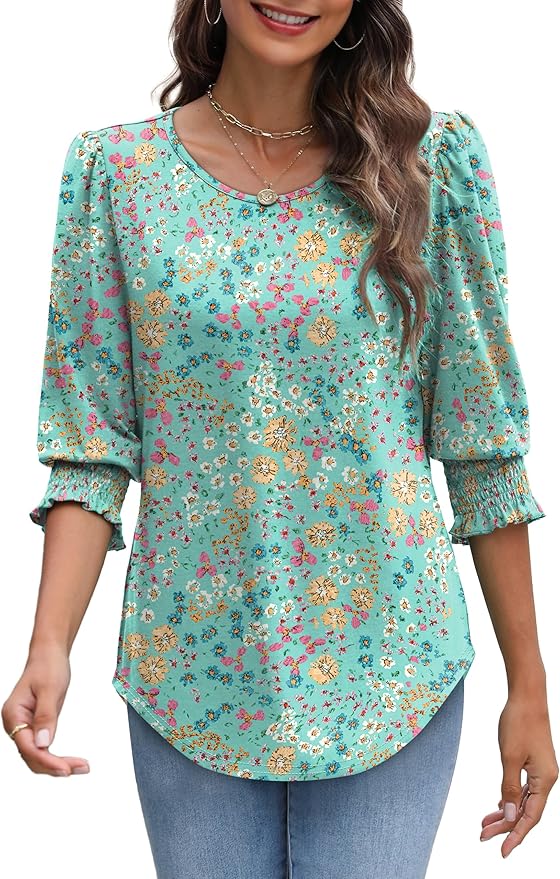 XIEERDUO Blouses for Women Dressy Casual 3/4 Length Sleeve Womens Tops with Smocked Cuffs