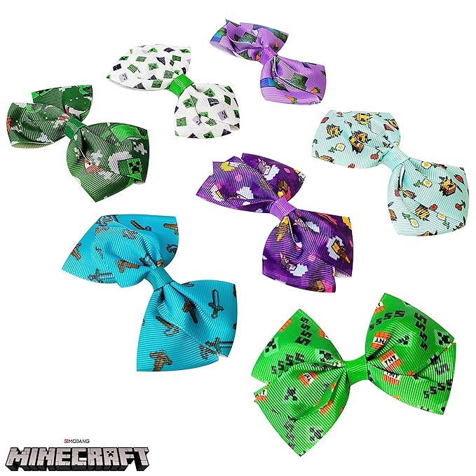 LUV HER Minecraft Kids Hair Bows - 7 Pcs 4 Inch Bundle - Hair Accessories Gift Set - Hair Bows for Kids - Multicolor Hair Clip with Alligator Clip - Ages 3 +