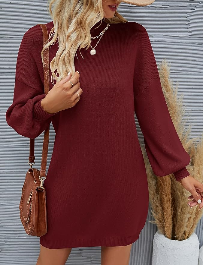 ZESICA Women's 2026 Fall Turtleneck Sweater Dress Oversized Long Lantern Sleeve Casual Knit Pullover Mini Dresses