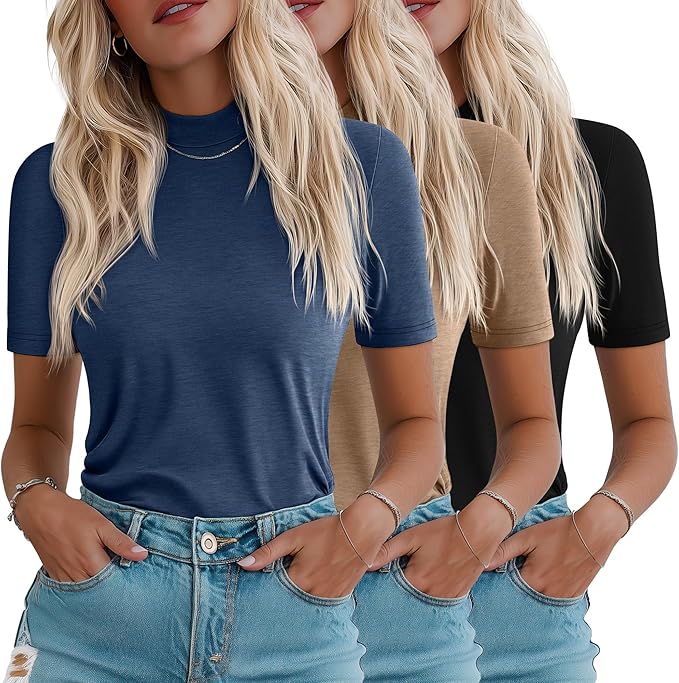 Ficerd 3 Pack Women's 1/2 Sleeve Mock Turtleneck Shirts, Elbow Length Shirt Half Sleeve Tunic Top Casual Summer Basic Tees