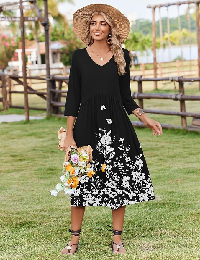 ZEAGOO 3/4 Sleeve Women's Dress Casual Flowy A-Line Midi Tshirt Dresses with Pocket Empire Waist Summer Boho Beach Sundress