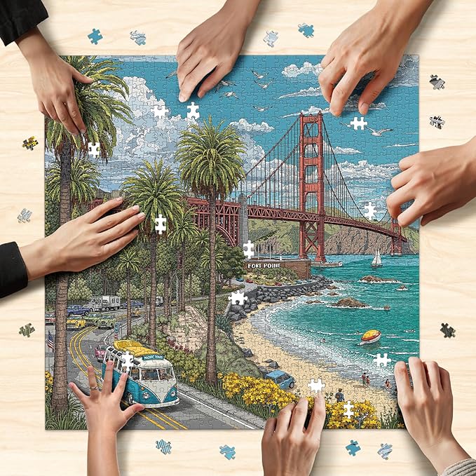 Naturelish 1000 Piece Jigsaw Puzzle for Adults, Cityscape Jigsaw Puzzle, Vibrant California Coastline with Golden Gate Bridge, Palm Trees & Tour Bus, Challenging Art Puzzle, 22.5 x 22.5 in