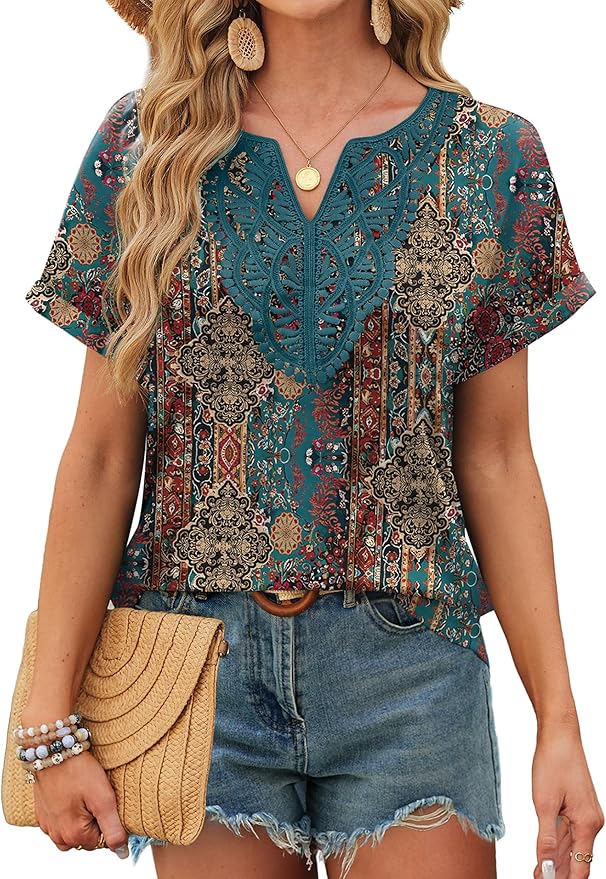 Sipaya Womens Blouses Dressy Casual Summer Shirts Short Sleeve Lace Front Boho Tunic Tops for Leggings Fashion Clothes