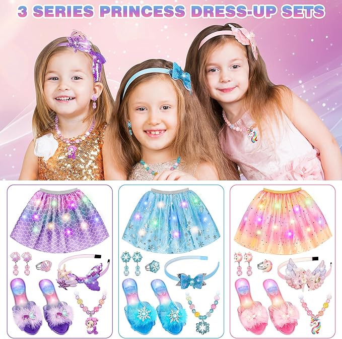 LJZJ Princess Dress Up for Girls, Toddler Toys for Ages 3-8, 3 PCS Light Up Toddler Dress Up Clothes with Accessories, Kids Toys for 3 4 5 6 7 8 years Girl Christmas Halloween Birthday Gift
