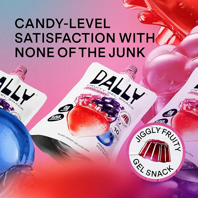 DALLY Mixed Berry Konjac Jelly Pouch (10 Pack) - Plant Based, Zero Sugar, Low-Calorie Jellified Fruit Snack - Vitamin C & Prebiotic Postbiotic Blend - Konjac Jelly Snack for Skin & Weight Management