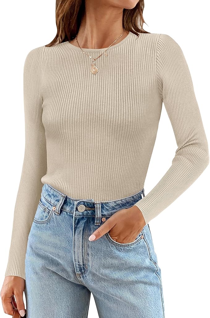 ZESICA Women's Long Sleeve Crewneck Shirts 2026 Fall Ribbed Knit Sweater Slim Fitted Casual Basic Tee Tops