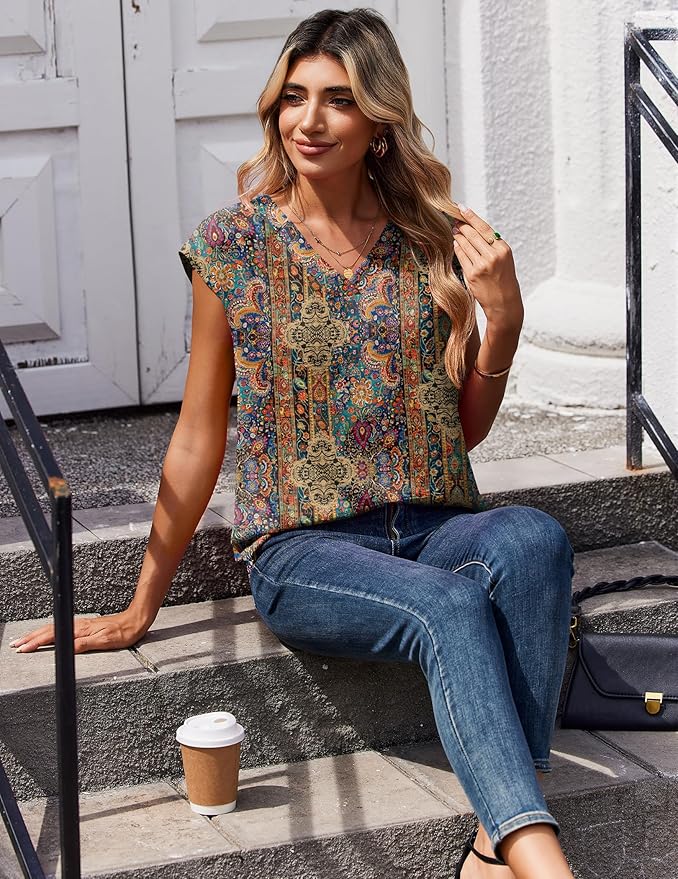 Zeagoo Womens Tops Cap Short Sleeve Textured Blouse V Neck Summer Spring Shirts Business Casual Outfits