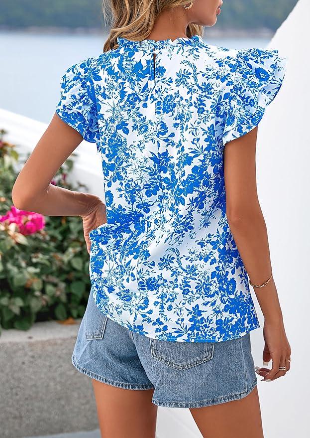 PRETTYGARDEN Women's Ruffle Short Sleeve Summer Tops 2026 Trendy Floral Trim Neck Casual Dressy Chiffon Boho Blouses Shirts