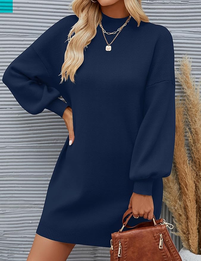 ZESICA Women's 2026 Fall Turtleneck Sweater Dress Oversized Long Lantern Sleeve Casual Knit Pullover Mini Dresses