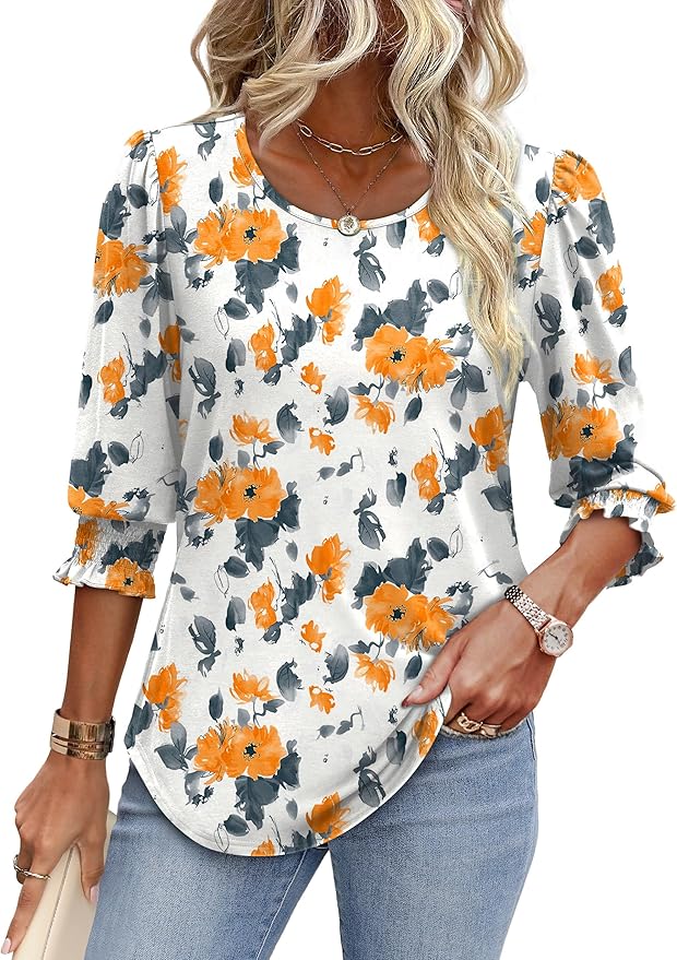 XIEERDUO Blouses for Women Dressy Casual 3/4 Length Sleeve Womens Tops with Smocked Cuffs