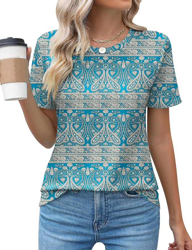 Kistore Womens Casual Crew Neck Short Sleeve Pleated Tops Blouses Fashion Clothes 2026