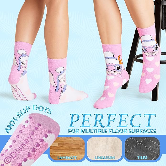 Disney Slippers Socks for Women & Teens US Size 4-9, Pack of 2 Non Slip Fleece Winter Socks, Soft & Fluffy, Gifts for Her
