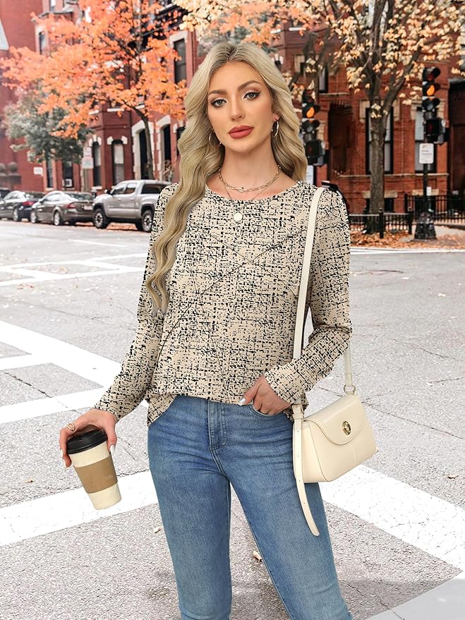 XIEERDUO Long Sleeve Shirts for Women Business Casual Tops Trendy Crewneck Fall T Shirts Pleated Loose Fit
