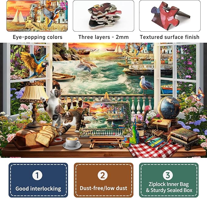 Naturelish 1000-Piece Puzzle for Adults - Relaxing Jigsaw Puzzle for Adults, Fun and Challenging Jigsaw Puzzles, Seaview by The Window Puzzle, 26.65 x 19.25 in