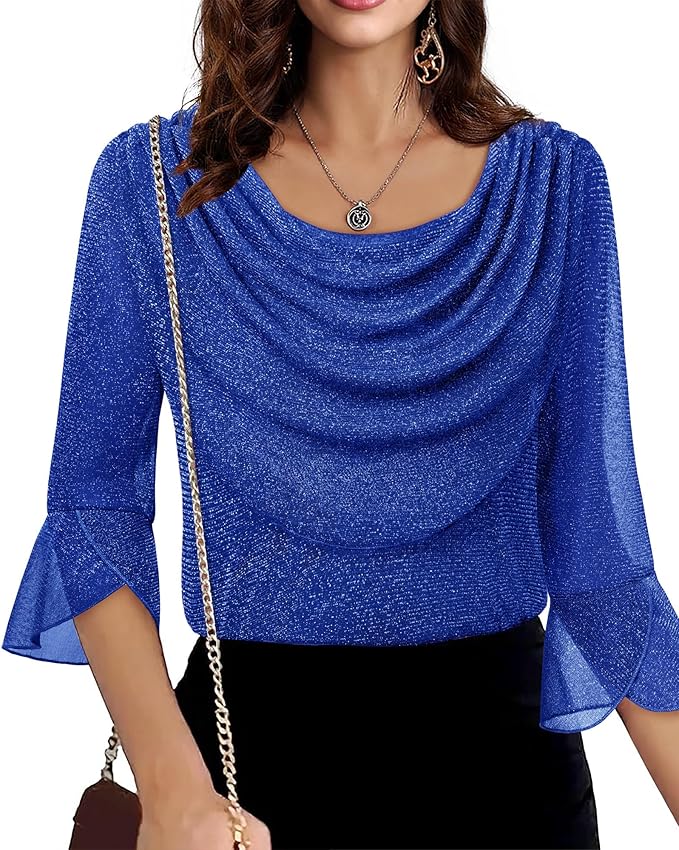 Lotusmile Blouses for Women Dressy Casual 3/4 Sleeve Cowl Neck Sparkly Tops Cocktail Shirts for Evening Party